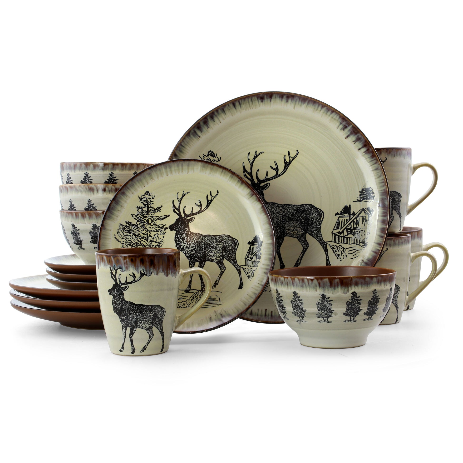 Elama Majestic Elk 16-piece stoneware dinnerware set with plates, bowls, and mugs for four, featuring a luxurious elk design.