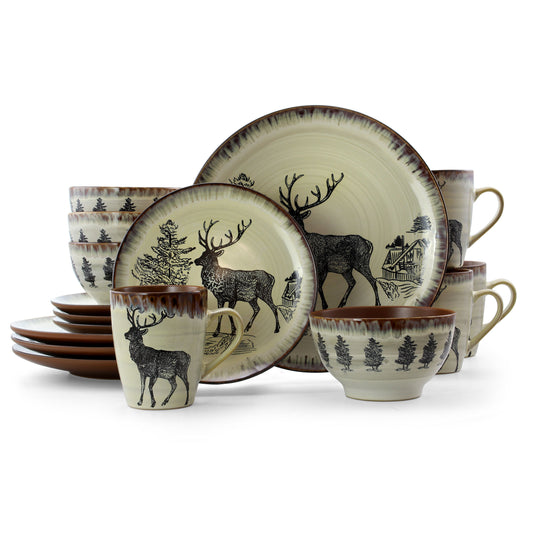 Elama Majestic Elk 16-piece stoneware dinnerware set with plates, bowls, and mugs for four, featuring a luxurious elk design.