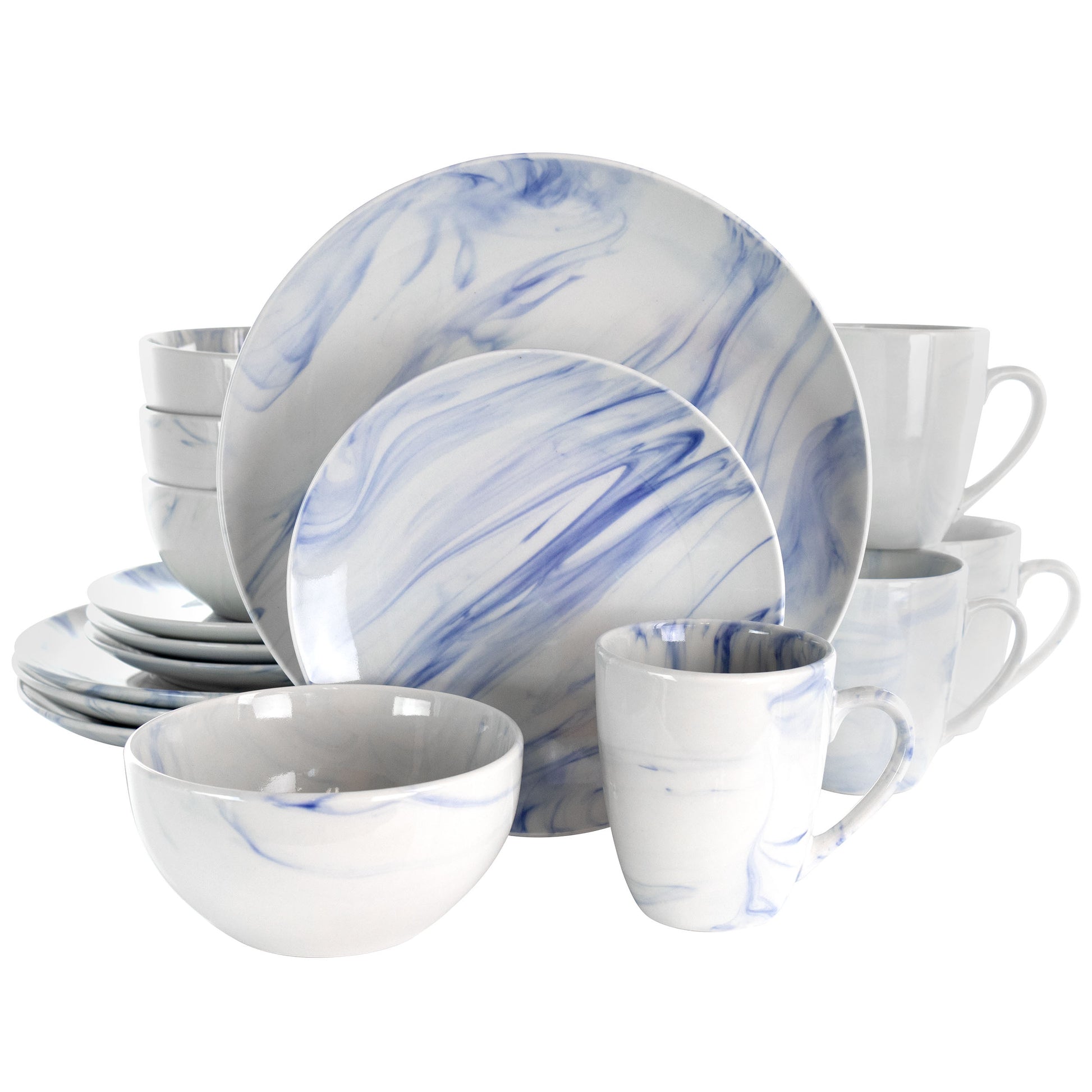 Elama Fine Marble 16-piece blue and white stoneware dinnerware set, includes plates, bowls, and mugs arranged on a table.
