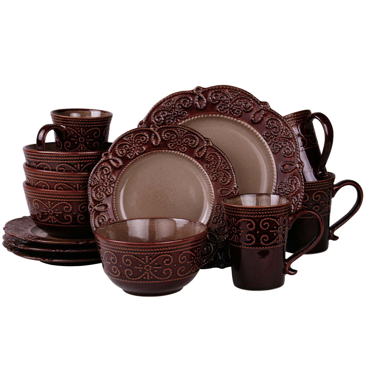 Elama Salia 16-piece stoneware dinnerware set with plates, bowls, and mugs in a stylish, modern design.