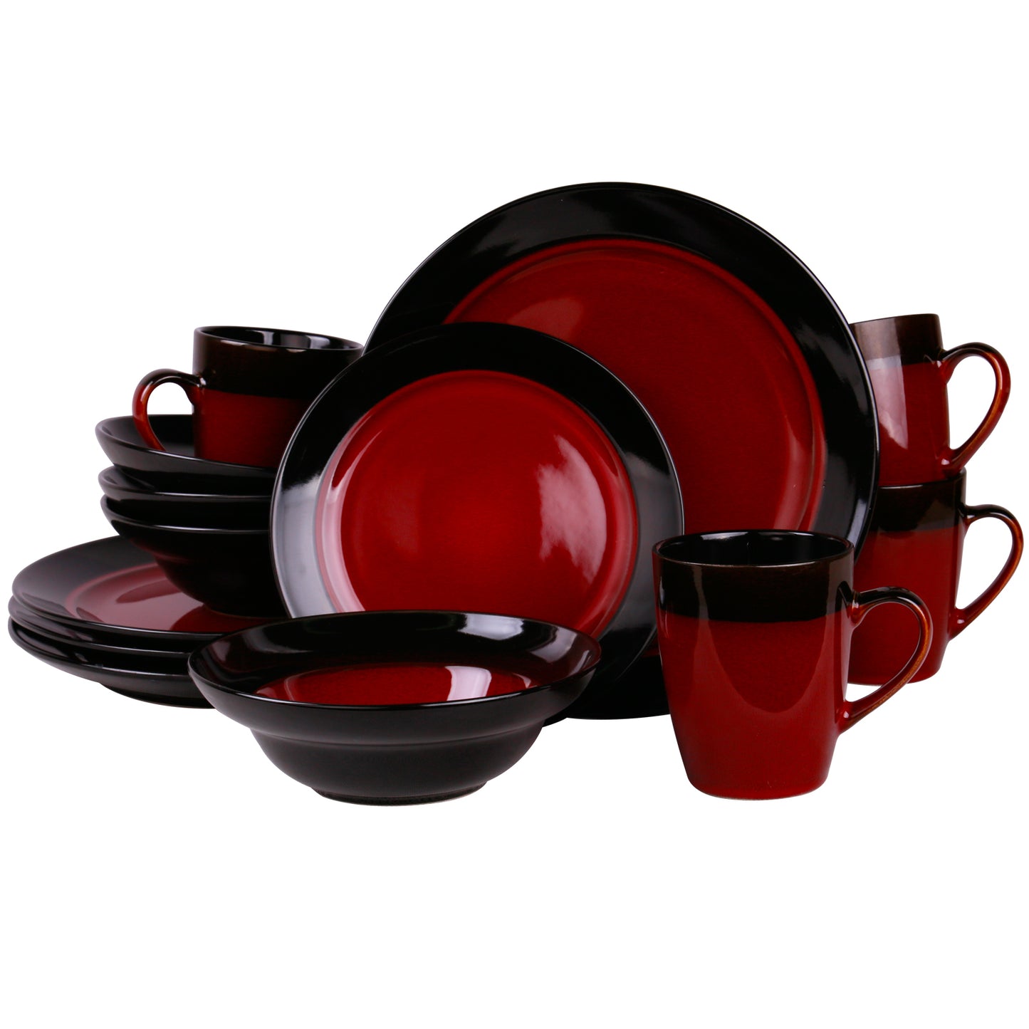 Elama Tanizia 16-piece high gloss dinnerware set with plates and bowls arranged on a table.