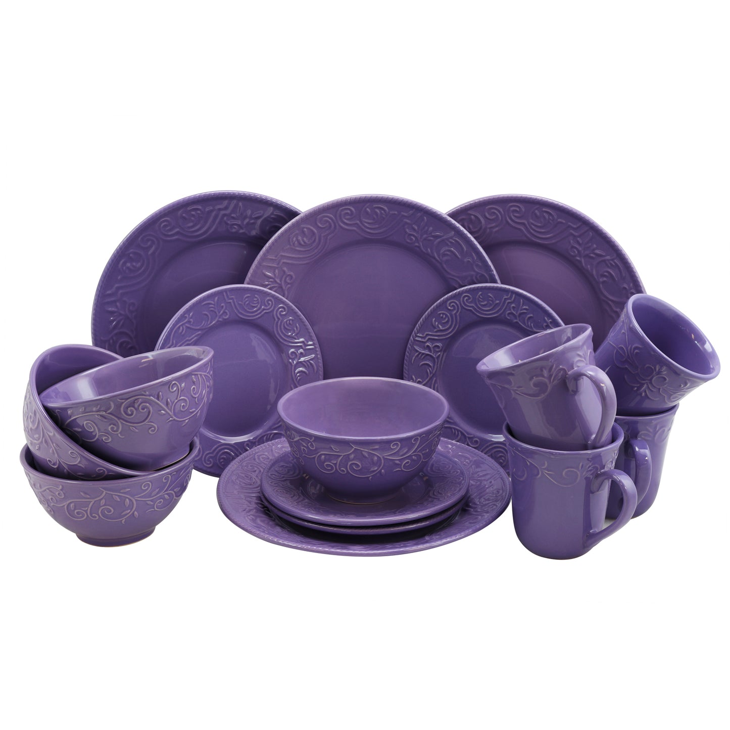 Elama Lilac Fields 16-piece dinnerware set with floral lilac and white design, includes plates, bowls, and cups.