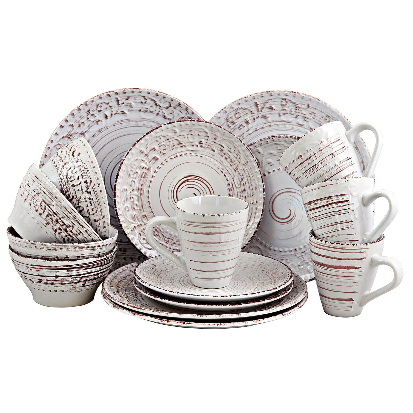 ELAMA Malibu Sands 16-piece dinnerware set with shell design, including plates, bowls, and cups in a stylish, coastal-inspired pattern.