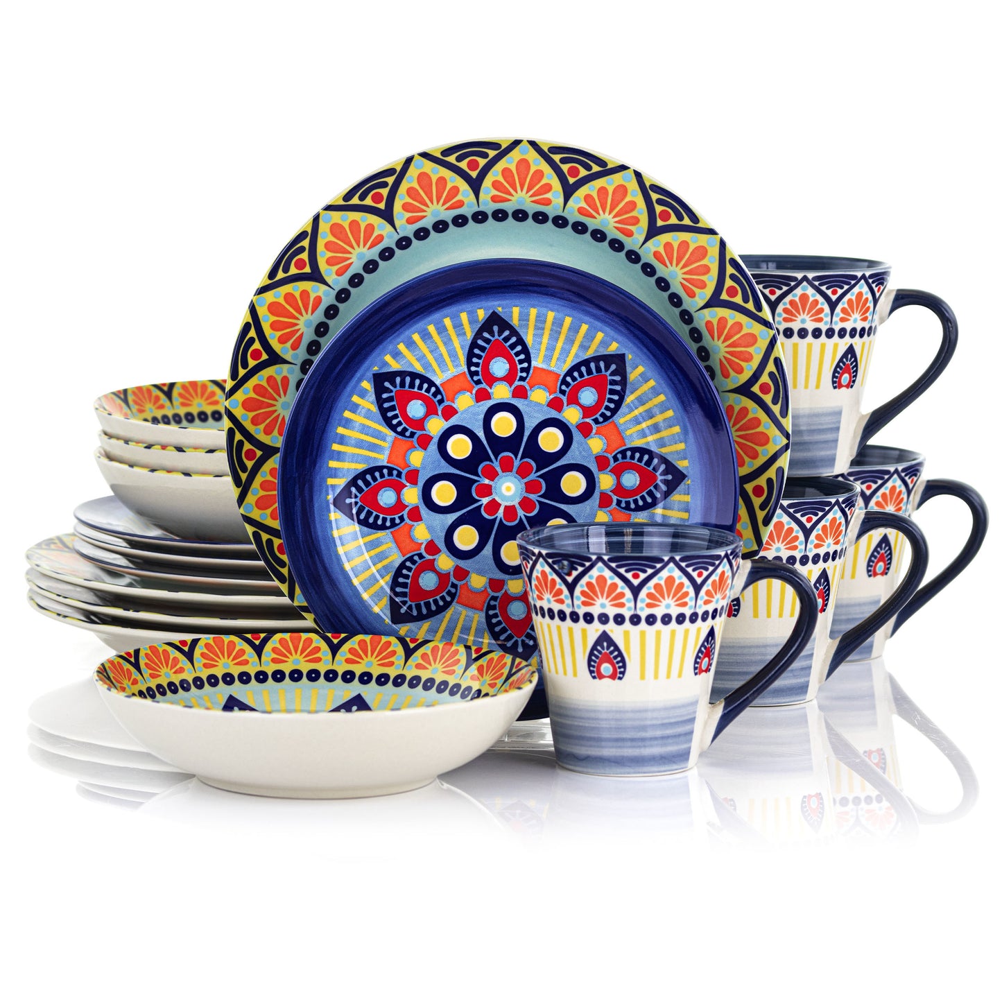 Elama Zen Blue Mozaik 16-piece stoneware dinnerware set for four, includes plates, bowls, and mugs with a modern blue mosaic design.