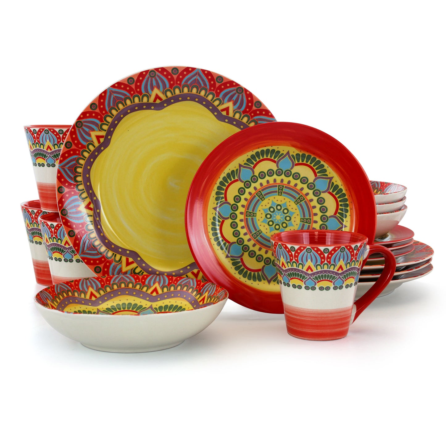 Elama Zen Red Mozaik 16-piece stoneware dinnerware set with plates, bowls, and mugs for four people.