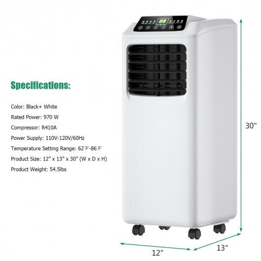 American Smart 9000 BTU portable air conditioner with built-in dehumidifier, black and white, remote control, climate control appliance