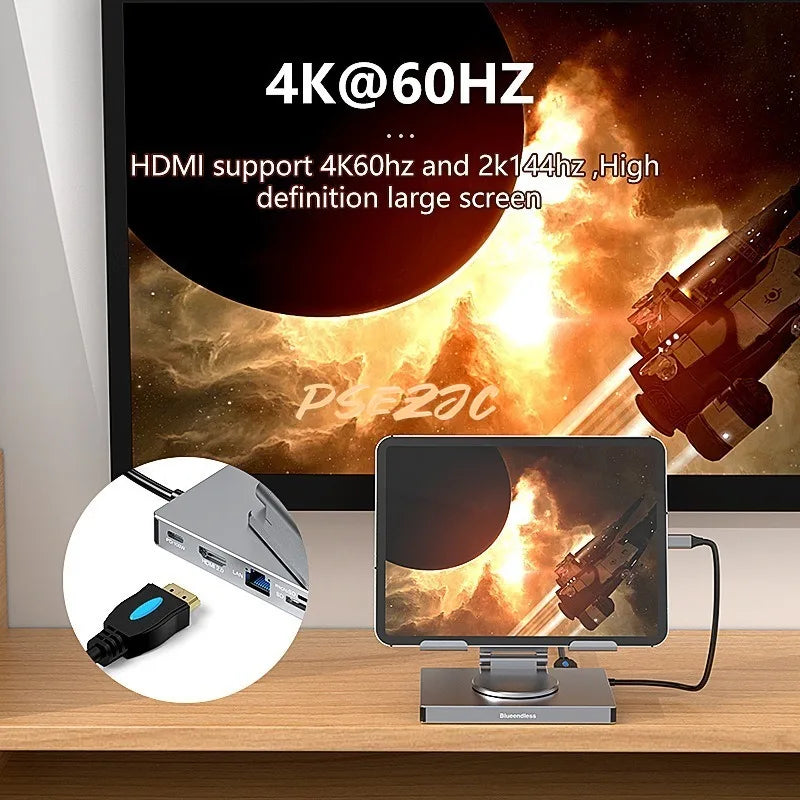 eprolo 4K/60Hz Gigabit Ethernet USB 3.0 splitter hub with flat panel rotary stand, Type-C docking station, and multiple ports
