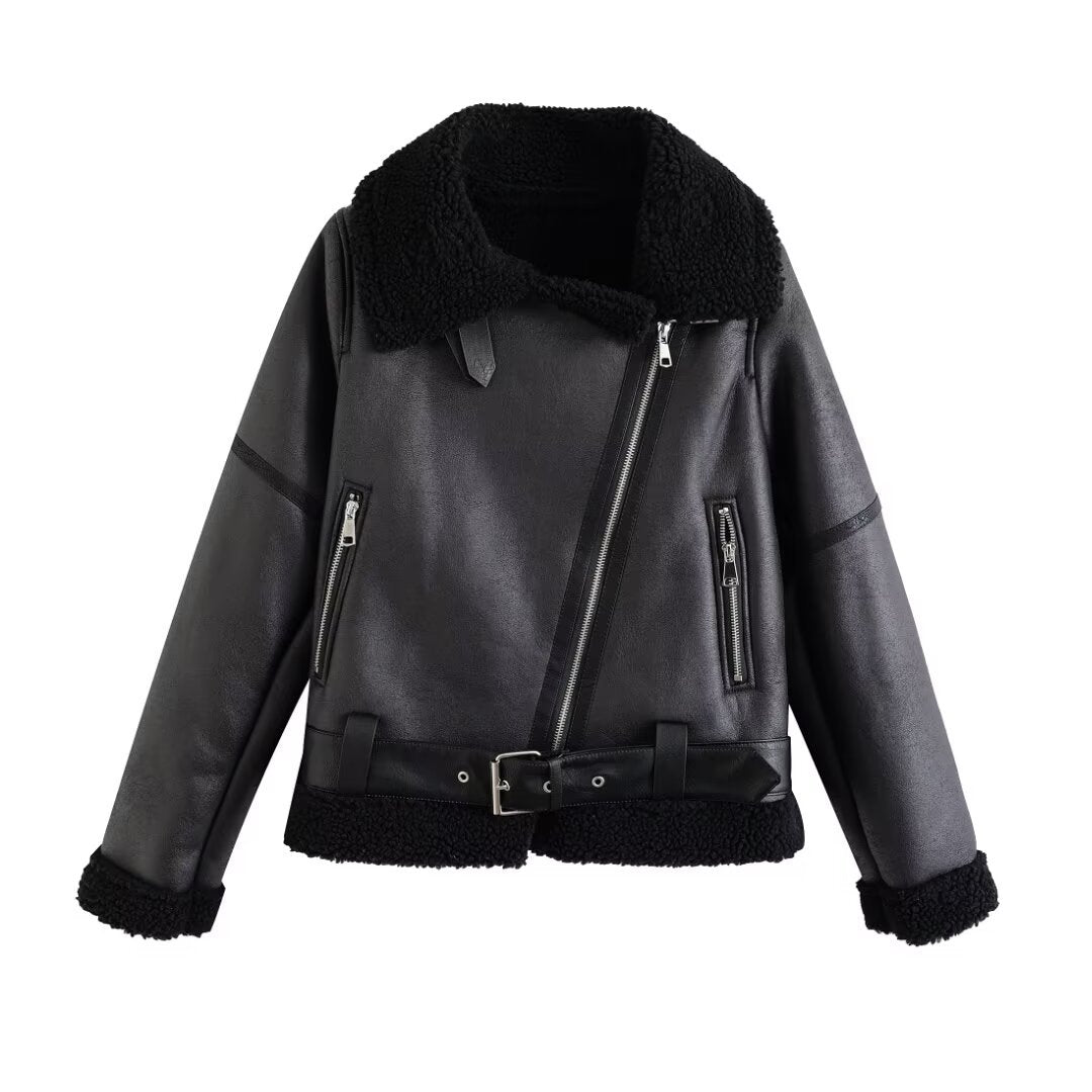 Fashionable and versatile zipper belt with loose casual long sleeved cotton jacket
