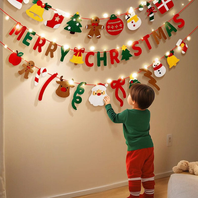 Handmade Pull String Flag Banner, LED String Lights, Christmas Holiday Background Decor