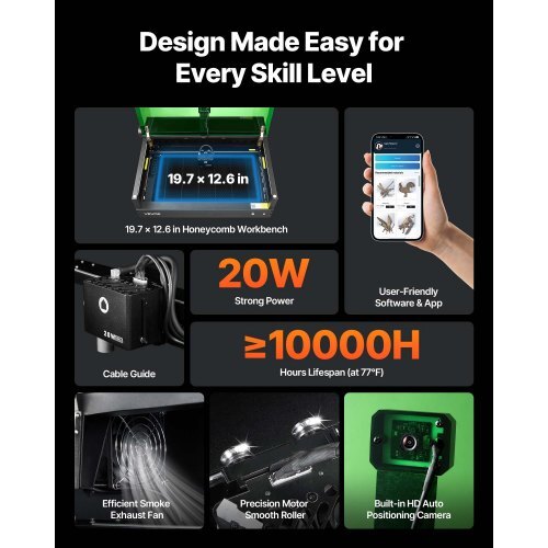 Laser Engraver, 20W, Laser Engraving and Cutting Machine with Enclosure Camera, Laser Cutter, 36000 mm/min, 19.7 x 12.6 in Working Area, for Wood, Leather, Glass, Paper, Certain Metal, Class 1