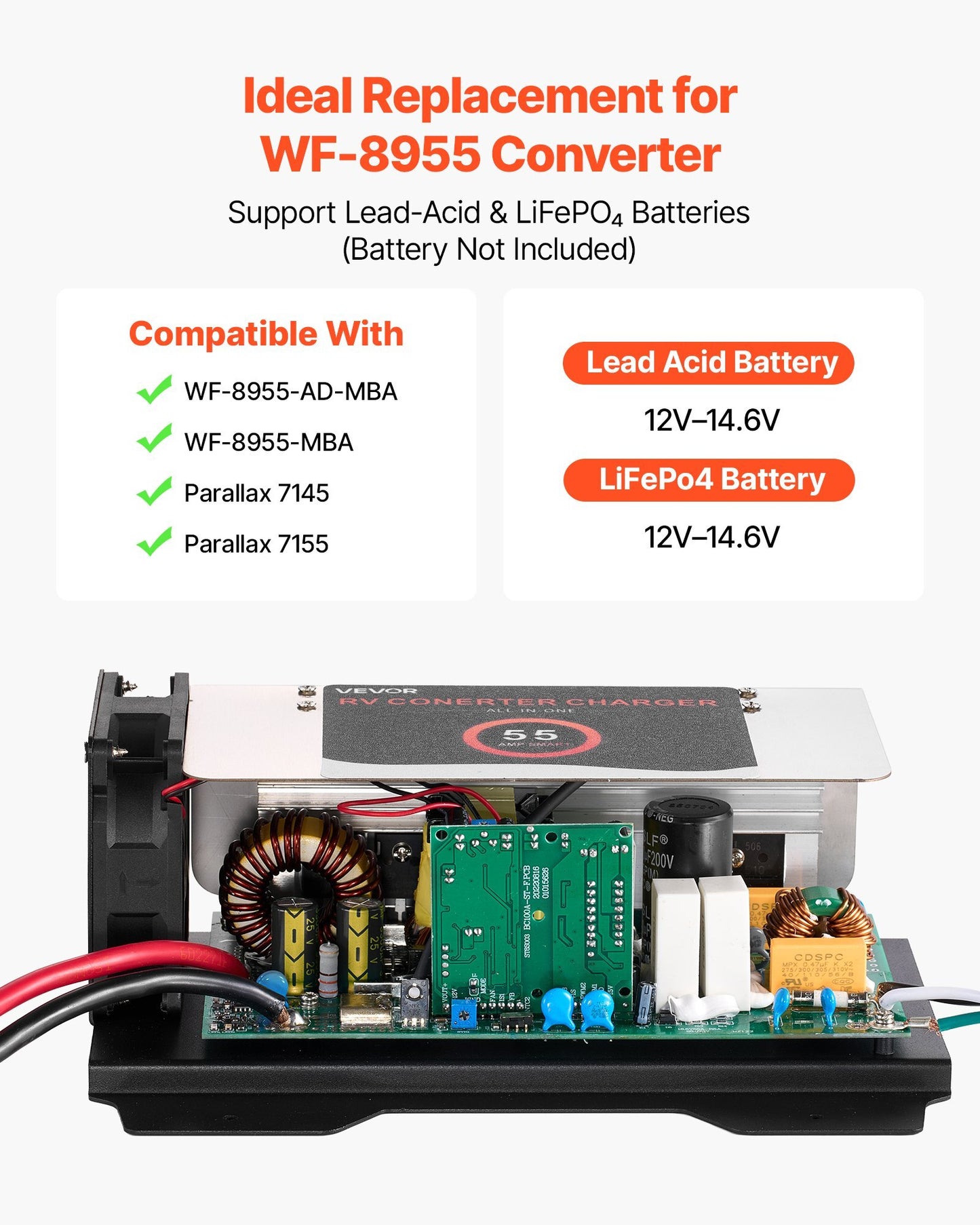 WF-8955-AD-MBA RV Power Converter, 55 Amp, DC Main Board Assembly Replacement Unit, Multi-Stage Smart Charge for Lithium Lead Acid Battery, for WF-8955, WF-8955-AD, and Parallax 7145 7155 Series - American Smart