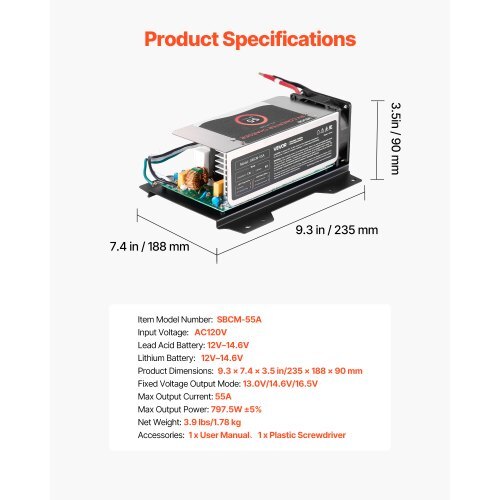 WF-8955-AD-MBA RV Power Converter, 55 Amp, DC Main Board Assembly Replacement Unit, Multi-Stage Smart Charge for Lithium Lead Acid Battery, for WF-8955, WF-8955-AD, and Parallax 7145 7155 Series - American Smart