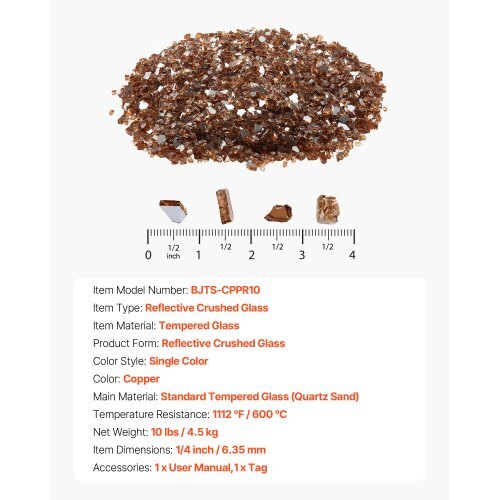 Fire Glass, 10 LBS / 4.5 KG High-Temperature Resistant Fireplace Rocks, 1/4-Inch / 6.35 mm Reflective & Smokeless Firepit Glass Rock, High Luster Stone Landscaping for Fire Pit Table, Copper