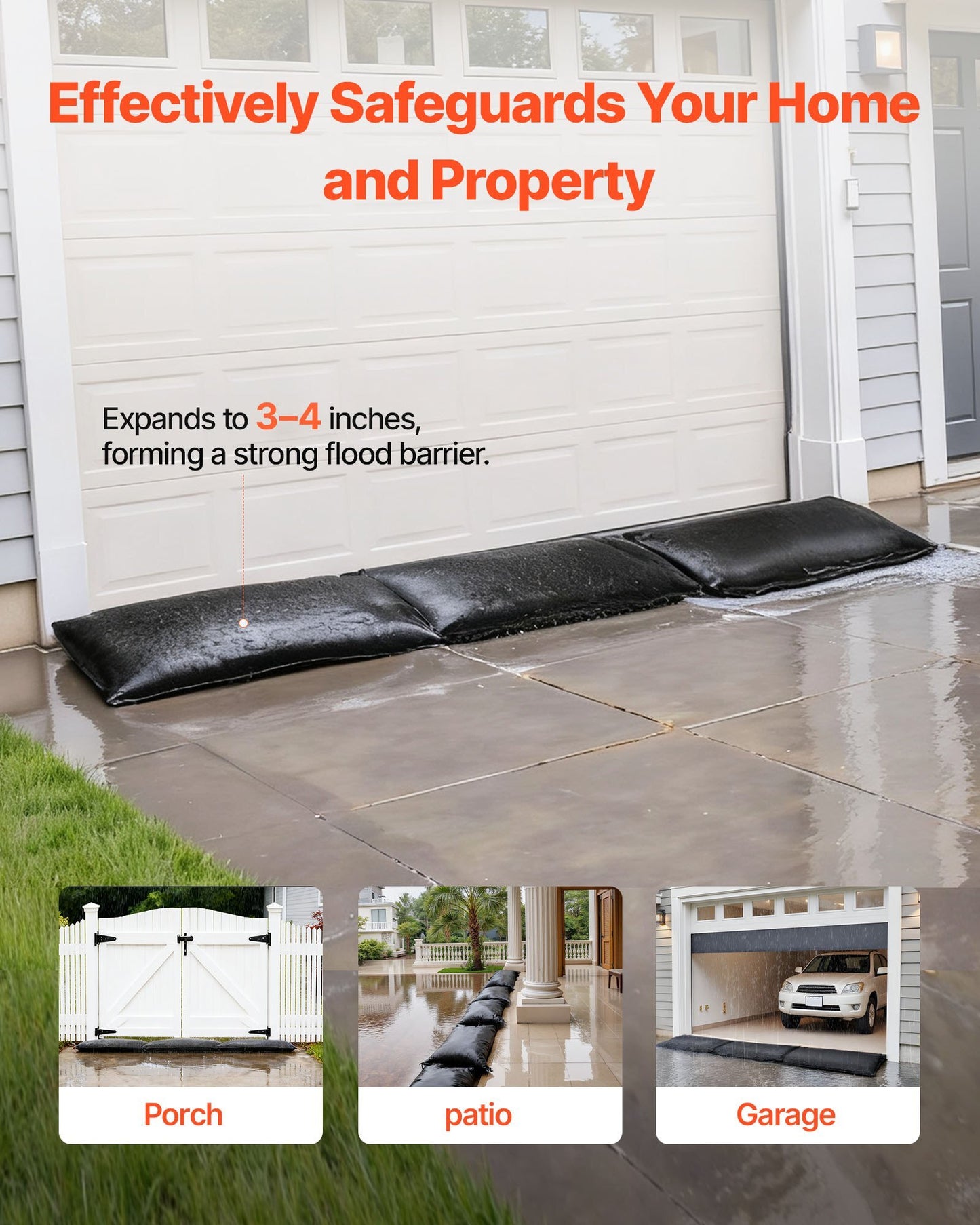 Flood Barrier, 10 Pack, 1.4 x 2.7 ft Flood Bags with Bucket, Reusable Water Absorbent Barrier Activated by Water, Sandless Sandbags Blockage, Flooding Prevention Bags for Door, Basement, Garage