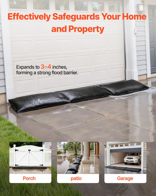 Flood Barrier, 10 Pack, 1.4 x 2.7 ft Flood Bags with Bucket, Reusable Water Absorbent Barrier Activated by Water, Sandless Sandbags Blockage, Flooding Prevention Bags for Door, Basement, Garage
