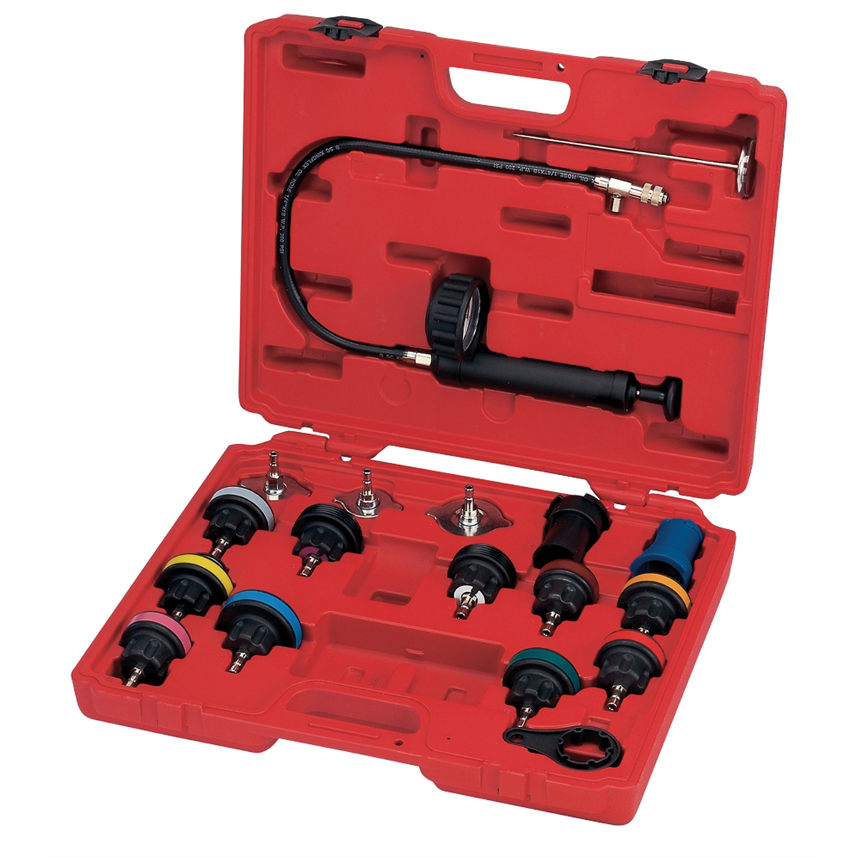 FJC Radiator and Radiator Cap Pressure Test Kit for vehicles, featuring various testing tools and accessories in a compact set.