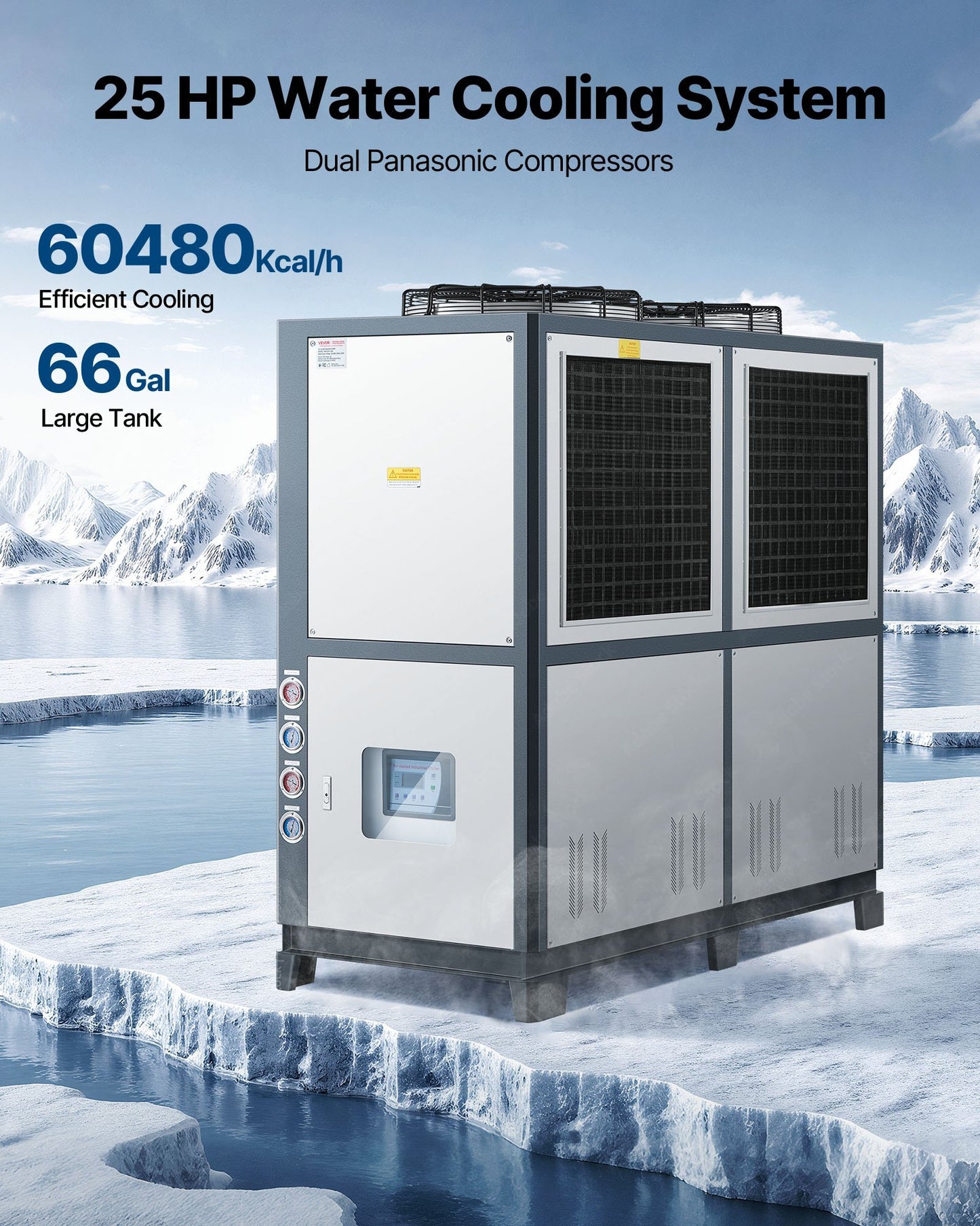Air-Cooled Water Chiller, 25 HP, Industrial Water Chiller with 60,480 Kcal/h Cooling Capacity, Dual Compressor, 53 Gal Large Tank, LED Display, Cooler for Cooling Water, Not Air Conditioner