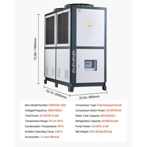 Air-Cooled Water Chiller, 25 HP, Industrial Water Chiller with 60,480 Kcal/h Cooling Capacity, Dual Compressor, 53 Gal Large Tank, LED Display, Cooler for Cooling Water, Not Air Conditioner