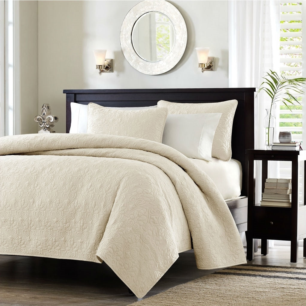Full/Queen ivory beige quilted coverlet set with two matching shams by American Smart, featuring a soft, textured quilted design.