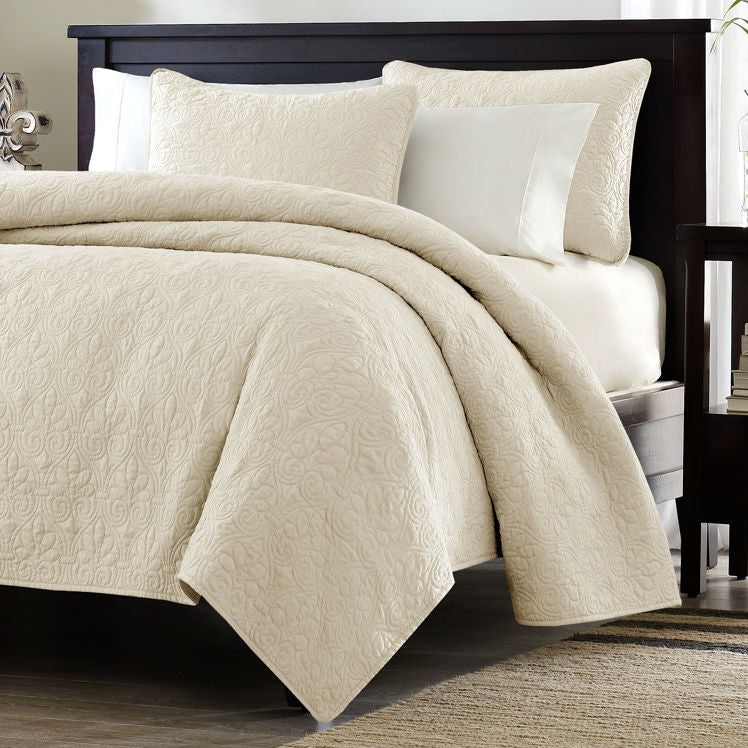 Full/Queen ivory beige quilted coverlet set with two matching shams from American Smart, featuring a soft, textured quilted design.