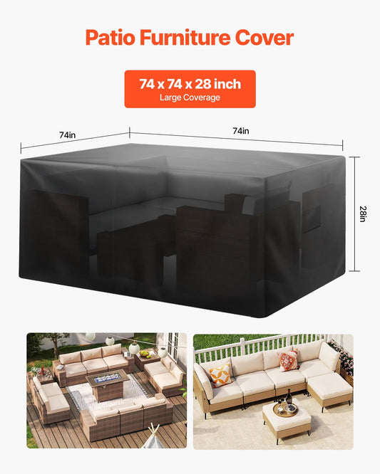 Patio Furniture Cover, 420D Heavy Duty Waterproof Outdoor Dining Table and Chairs Cover, Large Squre Patio Table Covers with Air Vent for All Weather, 74L x 74W x 28H inch, Black