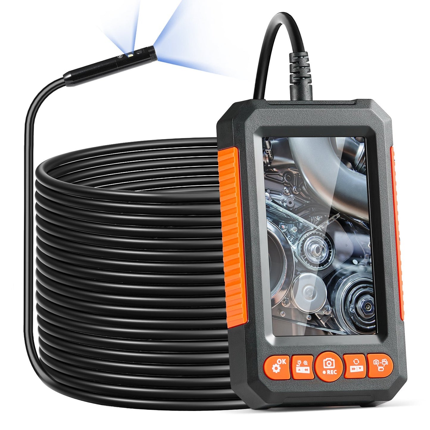 Endoscope Camera with Light, Dual Lens Borescope with 49.2FT Semi-Rigid Cable, 4.3" Screen 1080P Inspection Camera, 8 + 1 LED Lights, 4X Zoom, IP67 Waterproof Snake Camera for Auto, Plumbing - American Smart