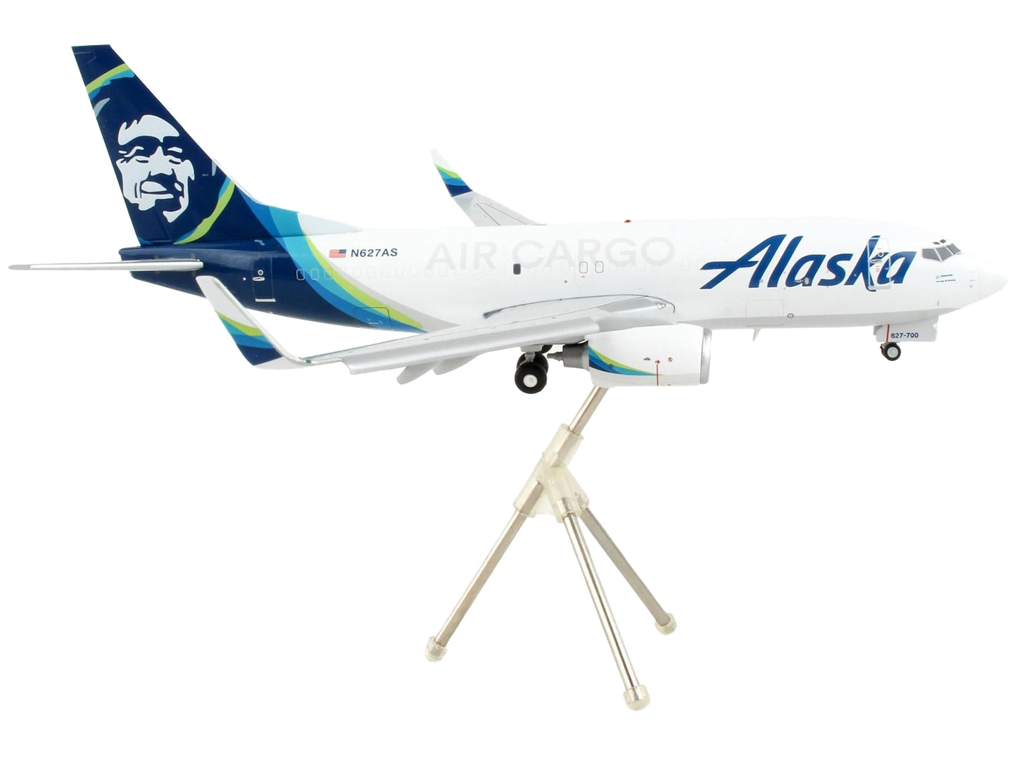 Boeing 737-700BDSF Alaska Air Cargo diecast model airplane by GeminiJets, white with blue tail, flaps down, Gemini 200 series.