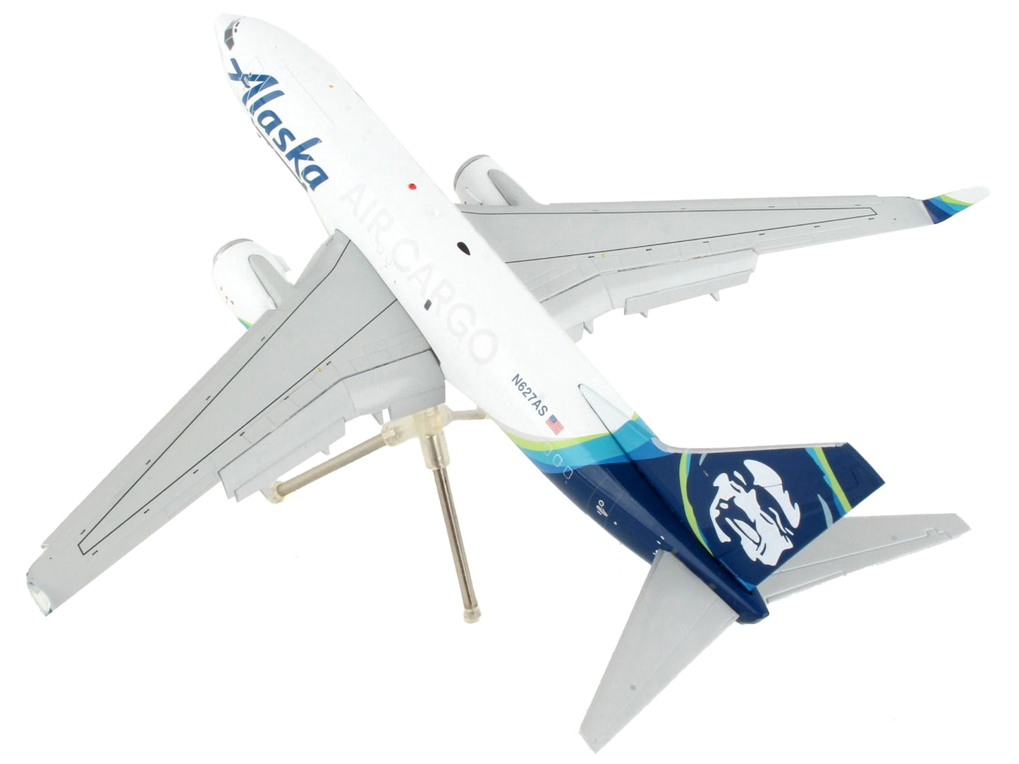 Boeing 737-700BDSF Alaska Air Cargo diecast model airplane by GeminiJets, white with blue tail, flaps down, 1/200 scale.
