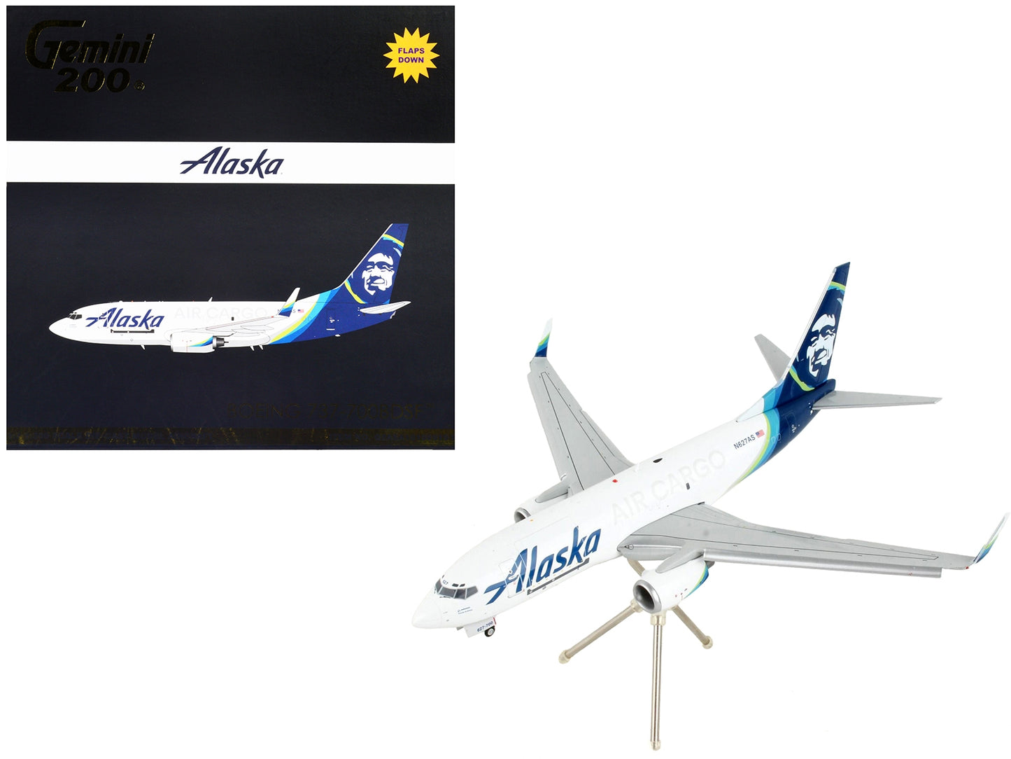 Boeing 737-700BDSF Alaska Air Cargo diecast model airplane by GeminiJets, white with blue tail, flaps down, 1/200 scale.