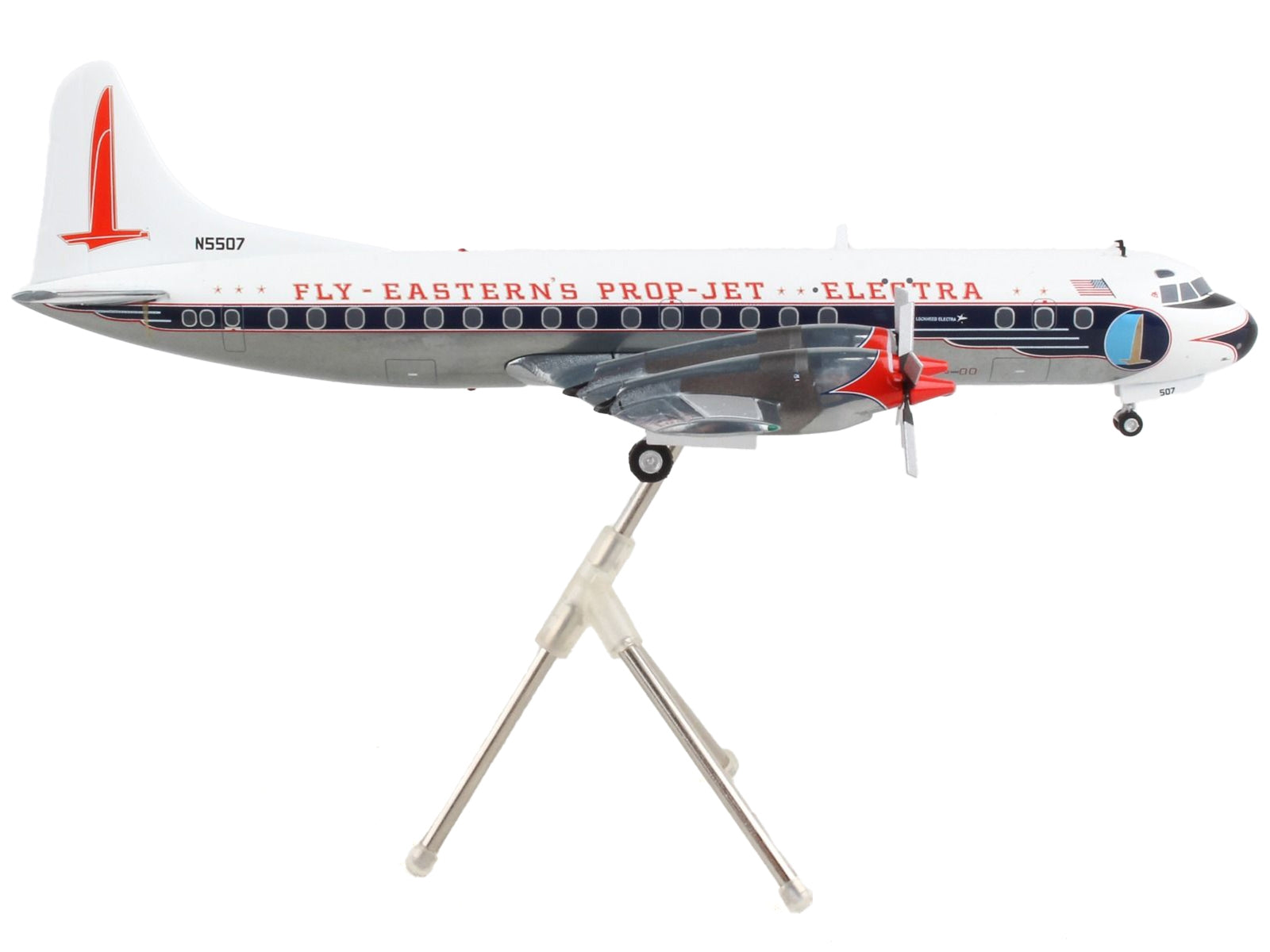 Lockheed L-188 Electra model airplane by GeminiJets, white with blue stripes, detailed 1/200 diecast aircraft of Eastern Air Lines.