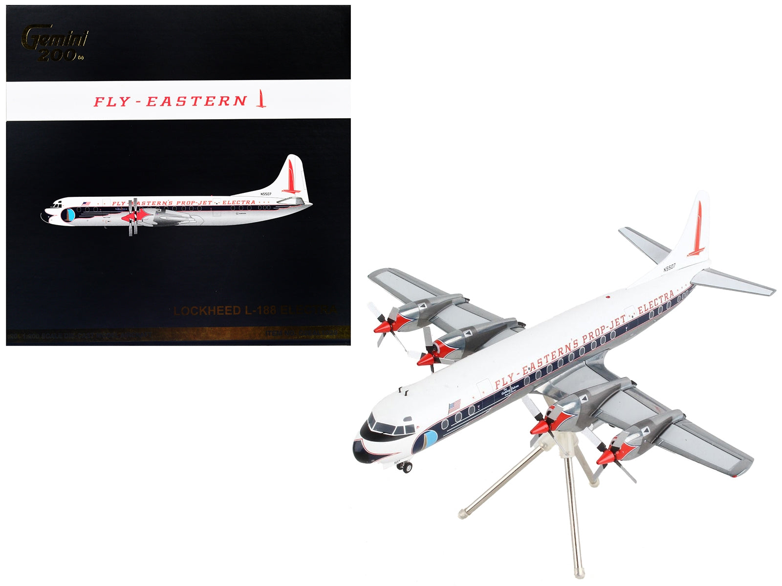 Lockheed L-188 Electra model airplane by GeminiJets, white with blue stripes, detailed 1/200 diecast aircraft of Eastern Air Lines.