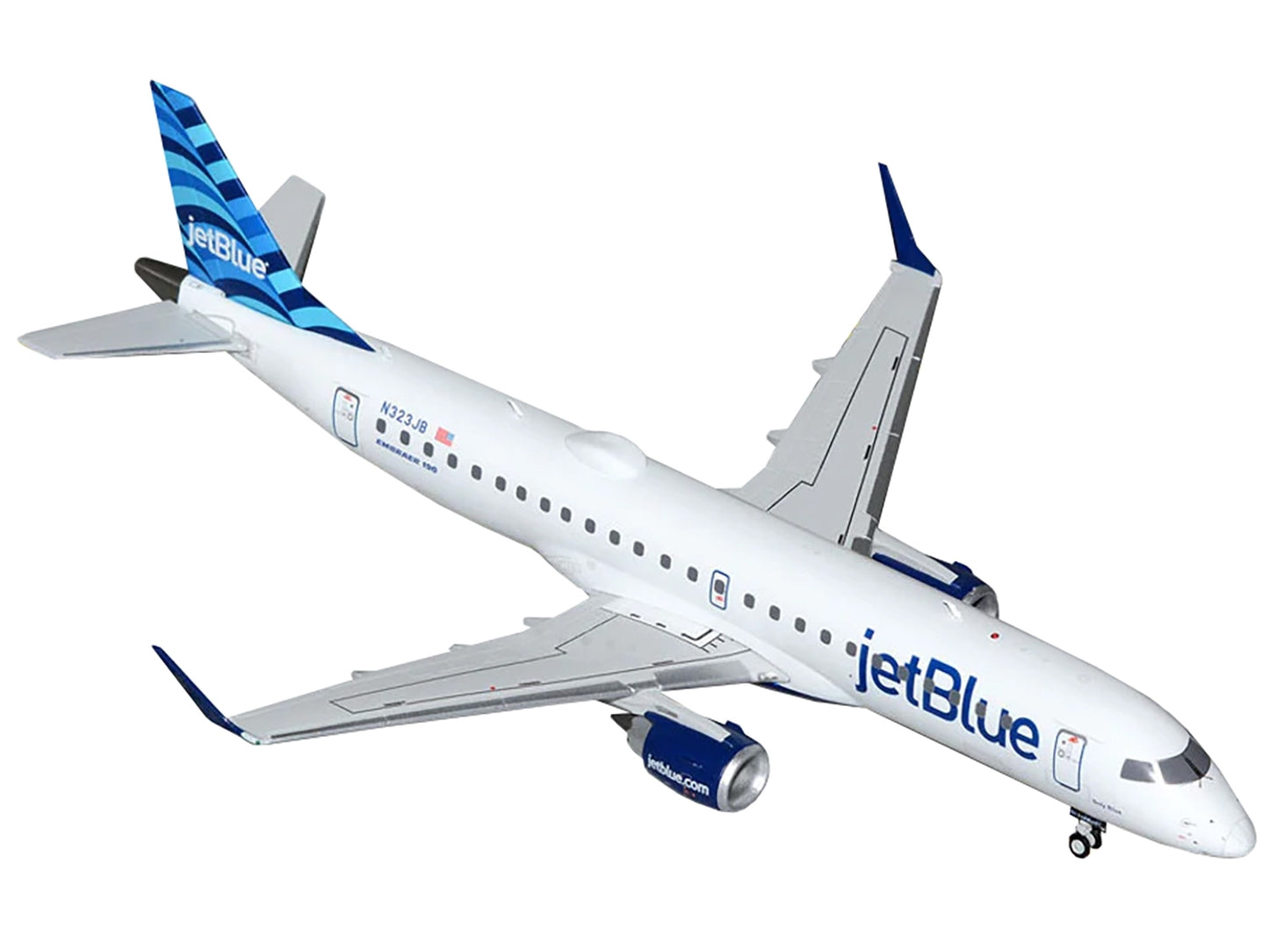 GeminiJets Embraer ERJ-190 JetBlue Airways diecast model airplane, white with blue striped tail, 1/200 scale.