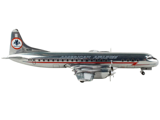 Lockheed L-188 Electra GeminiJets 1/400 diecast model airplane in silver with red stripes, representing American Airlines.