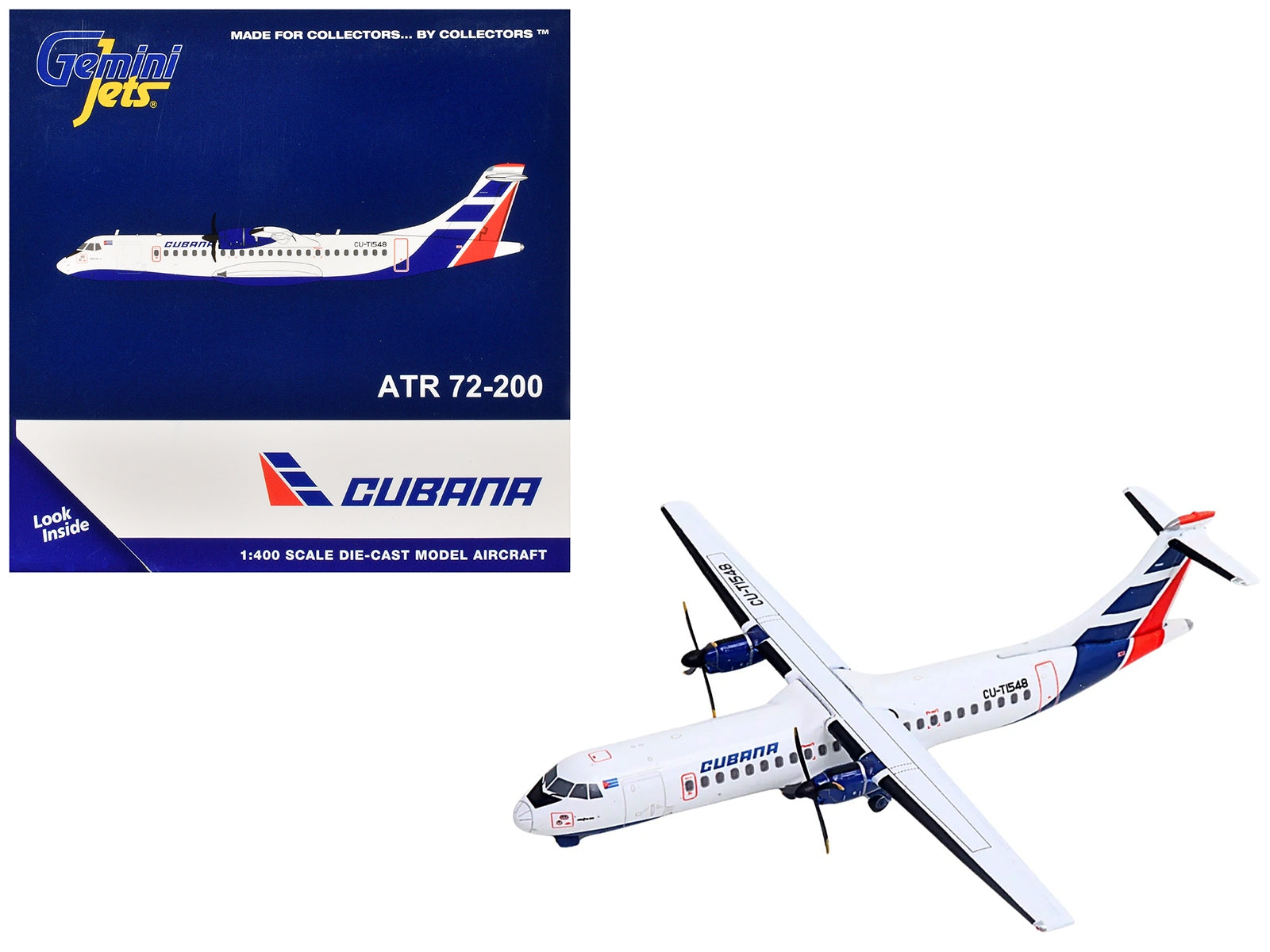 GeminiJets ATR 72-200 Cubana Airlines diecast model airplane, white with red and blue stripes, 1/400 scale.