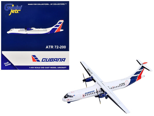 GeminiJets ATR 72-200 Cubana Airlines diecast model airplane, white with red and blue stripes, 1/400 scale.