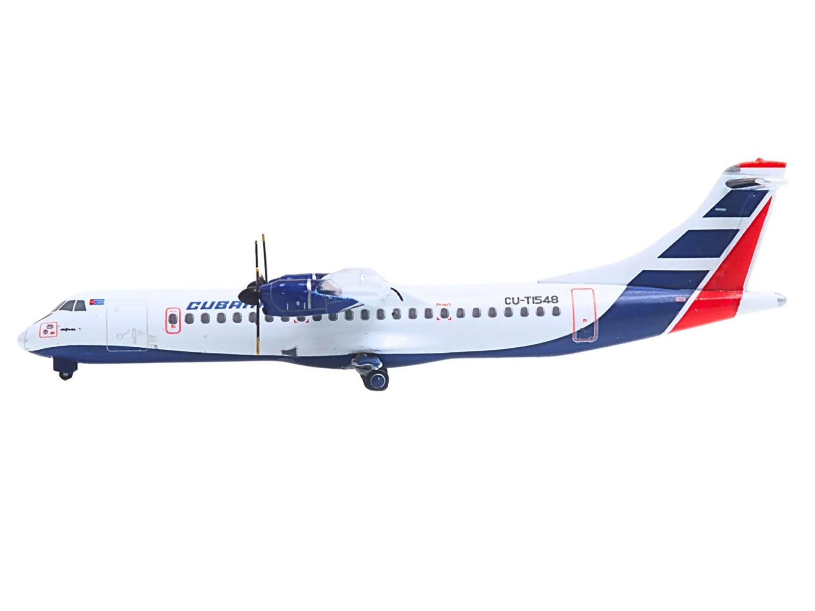 GeminiJets ATR 72-200 Cubana Airlines diecast model airplane in white with red and blue stripes, 1/400 scale.