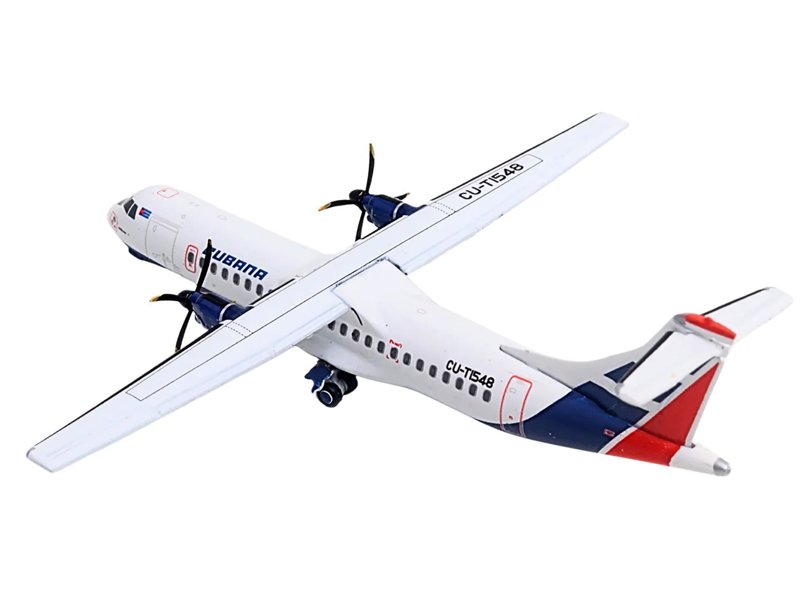 Diecast model of ATR 72-200 Cubana Airlines aircraft by GeminiJets, white with red and blue stripes, 1/400 scale.