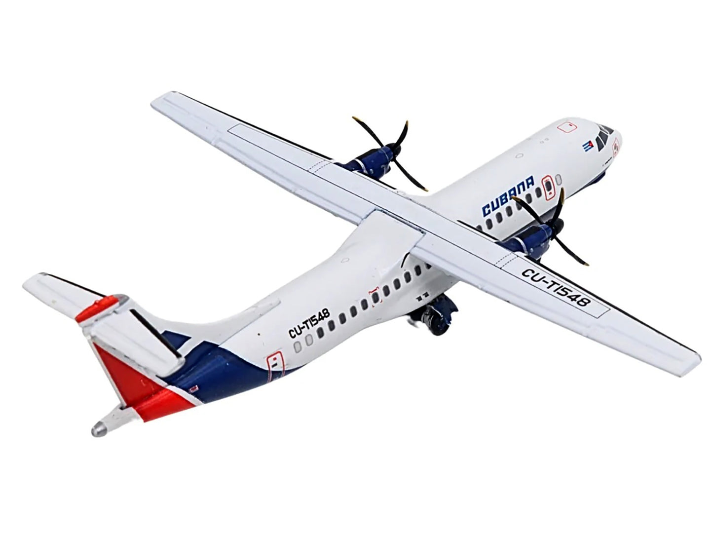 GeminiJets ATR 72-200 Cubana Airlines diecast model airplane, white with red and blue stripes, 1/400 scale.
