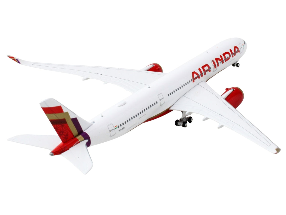 White Airbus A350-900 GeminiJets diecast model airplane with Air India branding and tail graphics, 1/400 scale.
