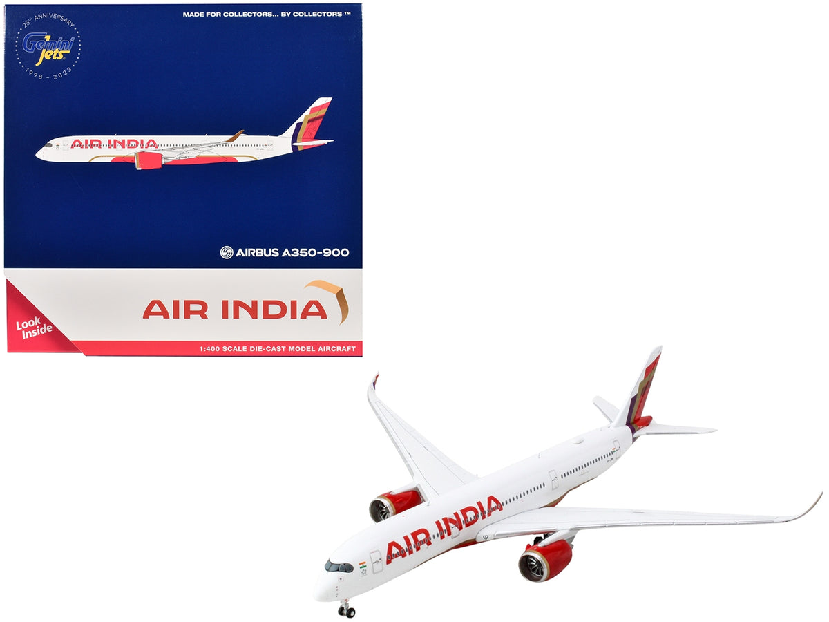 GeminiJets Airbus A350-900 Air India diecast model airplane with white body and tail graphics, detailed 1/400 scale aircraft.