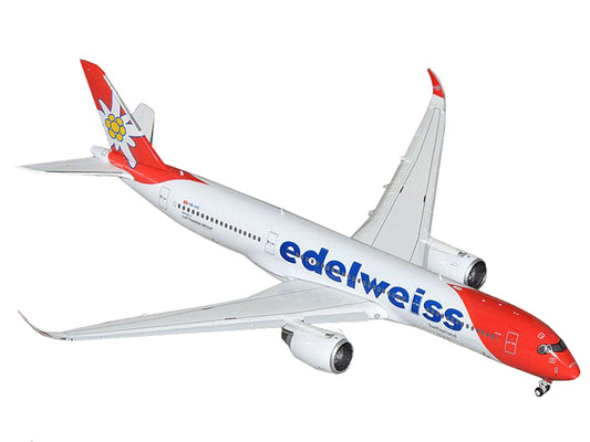 GeminiJets 1/400 diecast Airbus A350-900 model airplane with flaps down, white body, red tail, Edelweiss Air branding.
