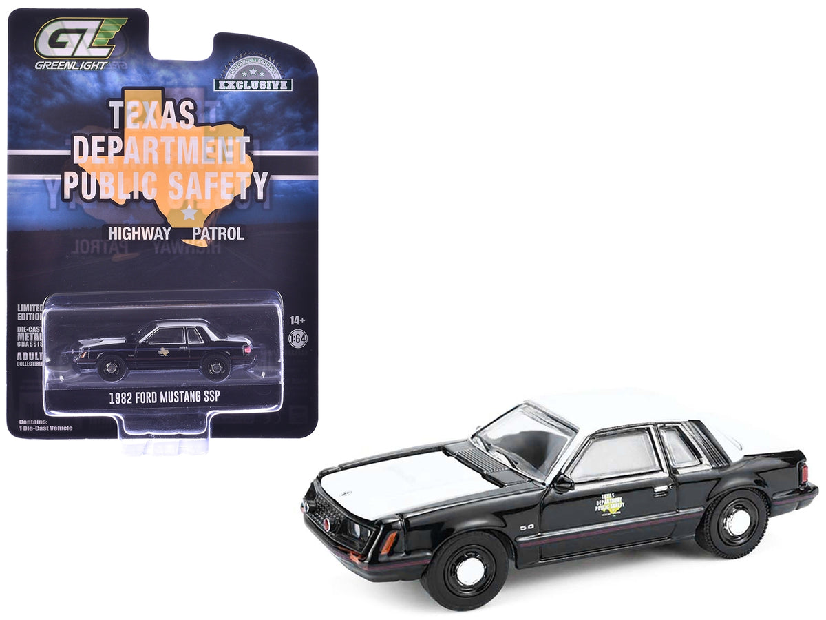 1982 Ford Mustang SSP diecast model car by Greenlight, Texas Highway Patrol police vehicle in black with white hood, Hobby Exclusive Series.