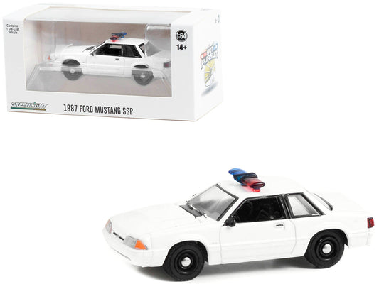 1987-1993 Ford Mustang SSP White Police Car with Light Bar "Hot Pursuit" "Hobby Exclusive" Series 1/64 Diecast Model Car by Greenlight-0