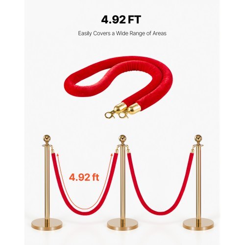 2 Pcs Red Velvet Stanchion Ropes, 5 ft Crowd Control Stanchion Red Velvet Ropes with Gold Hooks, Post Queue Barrier Carpet Rope for Carpet Events Movie Theaters Grand Openings Hotels Party