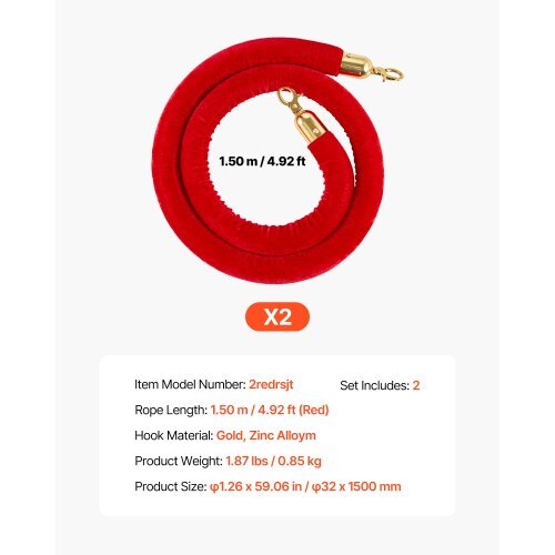 2 Pcs Red Velvet Stanchion Ropes, 5 ft Crowd Control Stanchion Red Velvet Ropes with Gold Hooks, Post Queue Barrier Carpet Rope for Carpet Events Movie Theaters Grand Openings Hotels Party