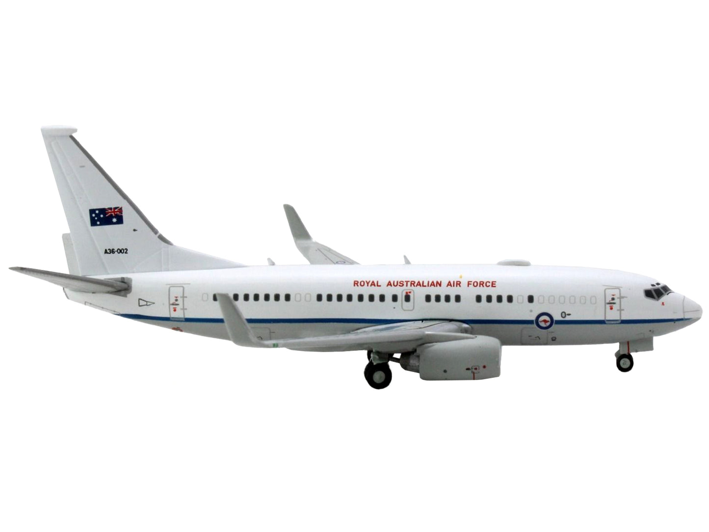 Boeing 737-700 aircraft model by GeminiJets in white with blue stripes, Royal Australian Air Force A36-002, 1/400 diecast plane