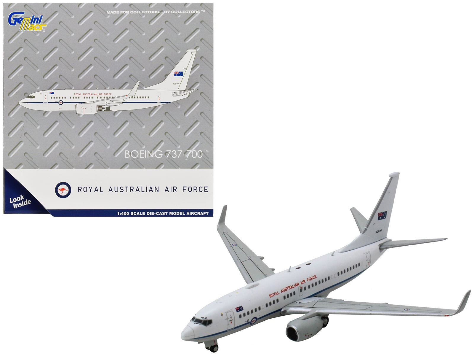 White Boeing 737-700 Royal Australian Air Force model airplane by GeminiJets with blue stripes, part of Gemini Macs Series 1/400 diecast.