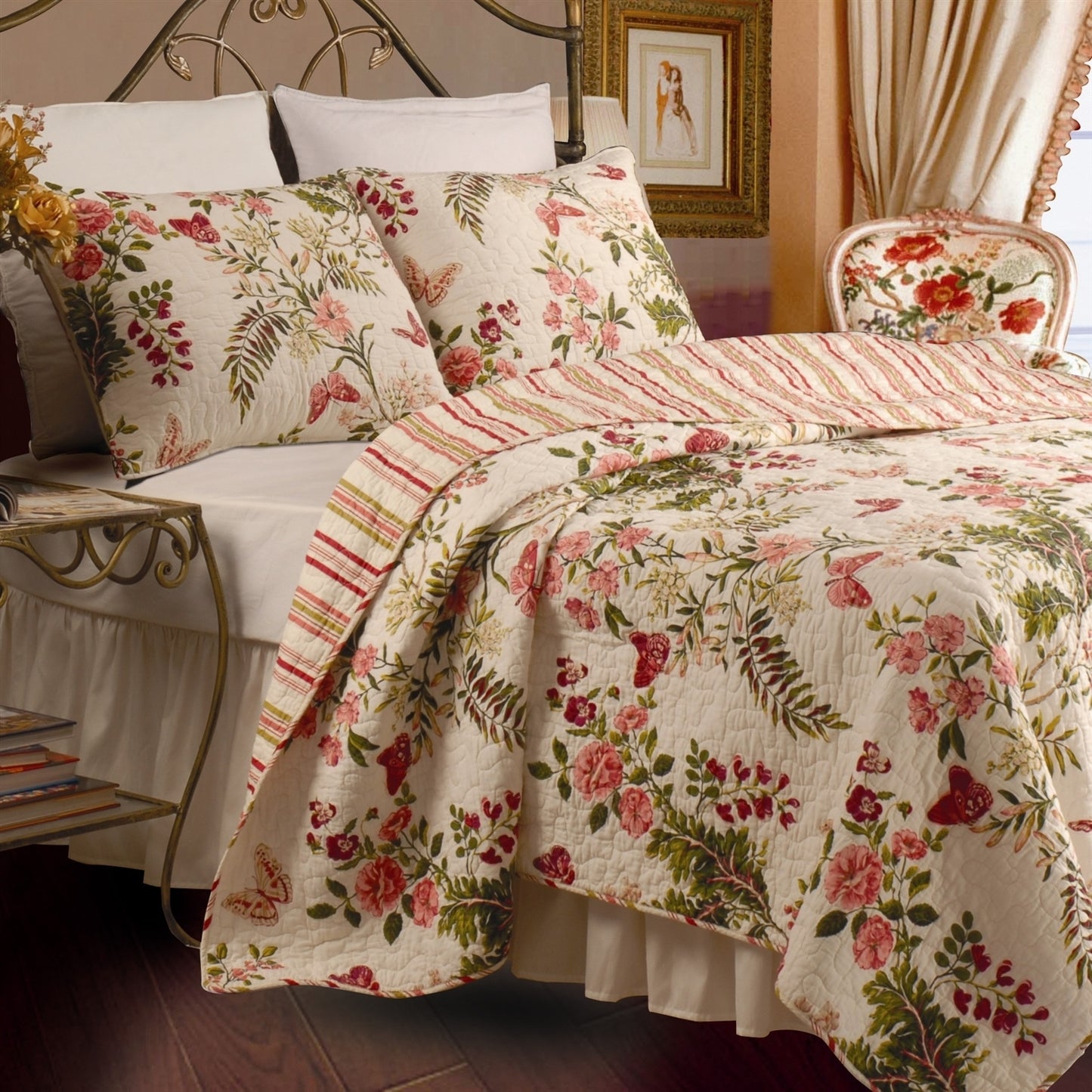 Full/Queen size cotton quilt set with crimson clover floral pattern by American Smart, featuring soft, breathable 100% cotton fabric.