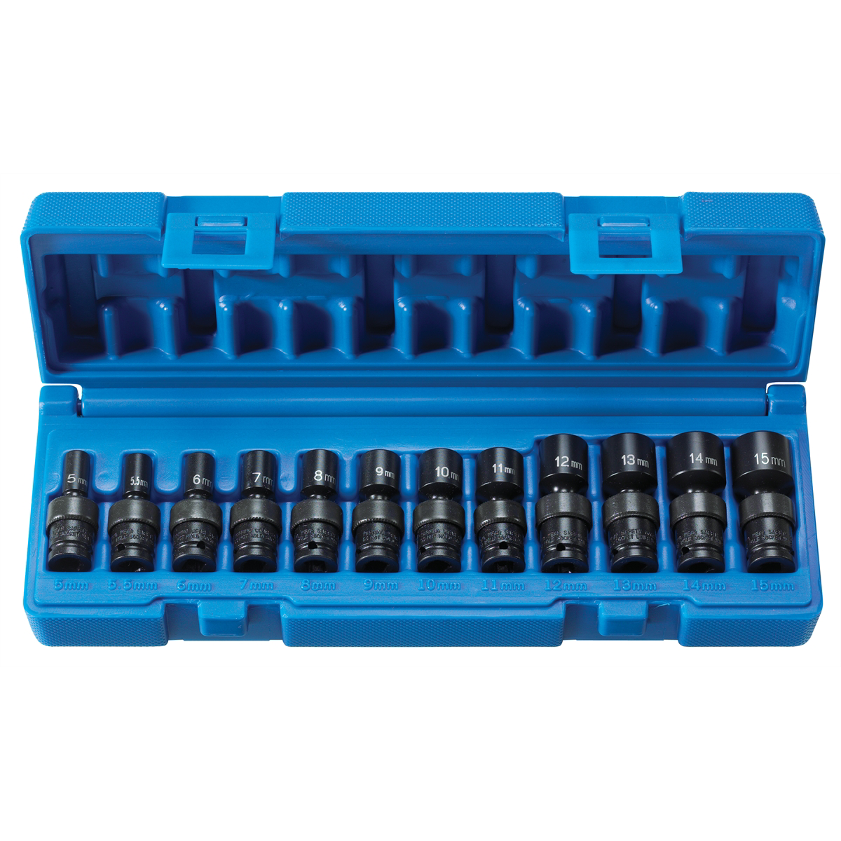 Grey Pneumatic 1/4" drive standard length surface drive socket set with 12 universal sockets on a white background.