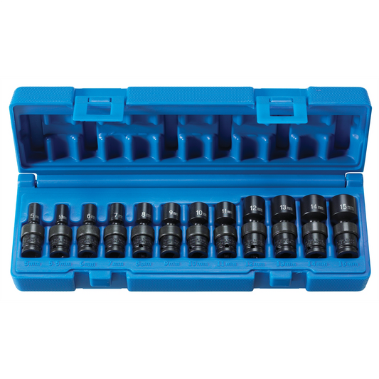 Grey Pneumatic 1/4" drive standard length surface drive socket set with 12 universal sockets on a white background.